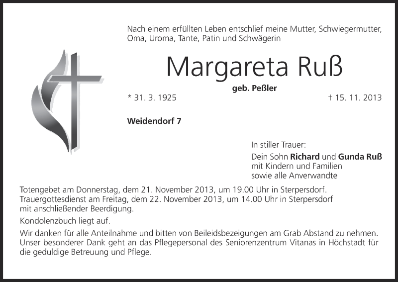  Traueranzeige für Margareta Ruß vom 20.11.2013 aus MGO