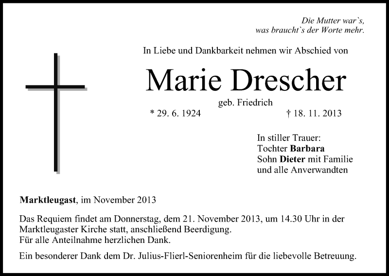  Traueranzeige für Marie Drescher vom 20.11.2013 aus MGO