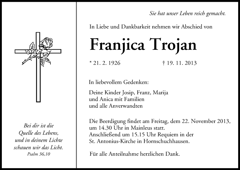  Traueranzeige für Franjica Trojan vom 20.11.2013 aus MGO