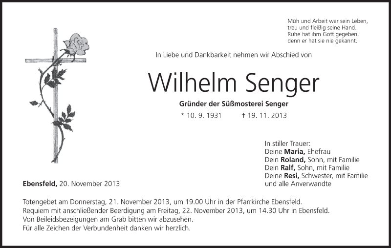  Traueranzeige für Wilhelm Senger vom 20.11.2013 aus MGO
