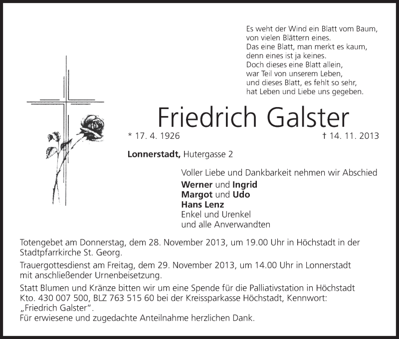  Traueranzeige für Friedrich Galster vom 27.11.2013 aus MGO