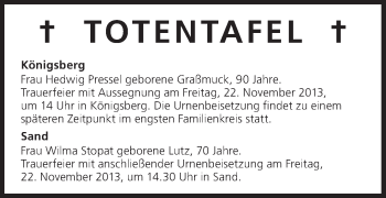 Anzeige von Totentafel vom 21.11.2013 von MGO