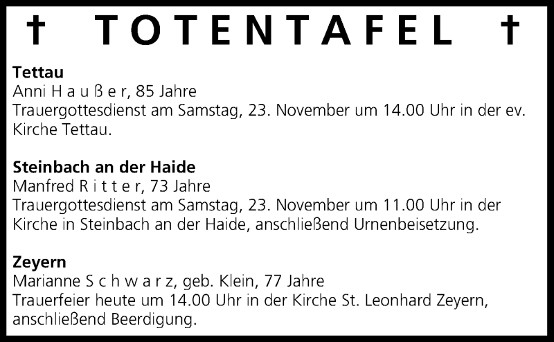  Traueranzeige für Totentafel vom 22.11.2013 vom 22.11.2013 aus MGO