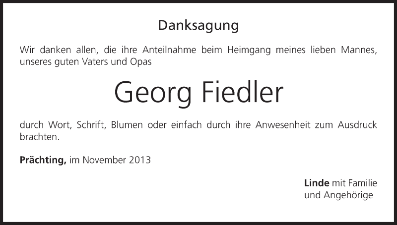  Traueranzeige für Georg Fiedler vom 23.11.2013 aus MGO