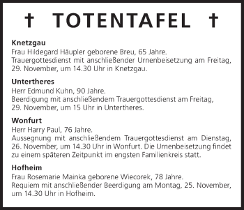 Anzeige von Totentafel vom 25.11.2013 von MGO