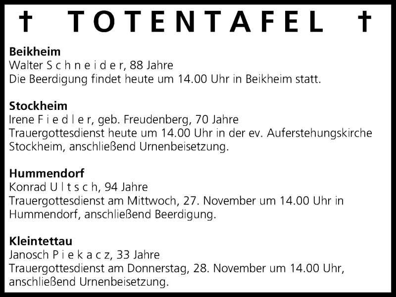  Traueranzeige für Totentafel vom 26.11.2013 vom 26.11.2013 aus MGO