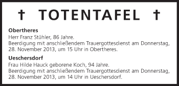 Anzeige von Totentafel vom 27.11.2013 von MGO