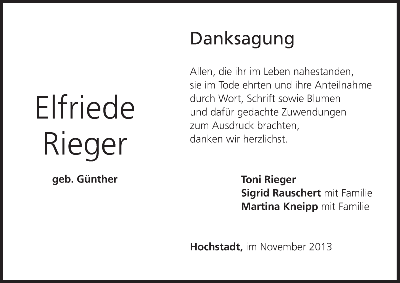  Traueranzeige für Elfriede Rieger vom 27.11.2013 aus MGO