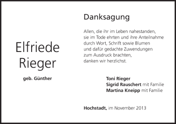 Anzeige von Elfriede Rieger von MGO