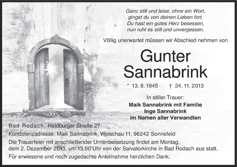  Traueranzeige für Gunter Sannabrink vom 29.11.2013 aus MGO