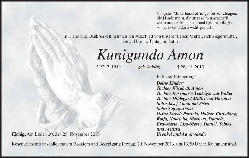  Traueranzeige für Kunigunda Amon vom 28.11.2013 aus MGO