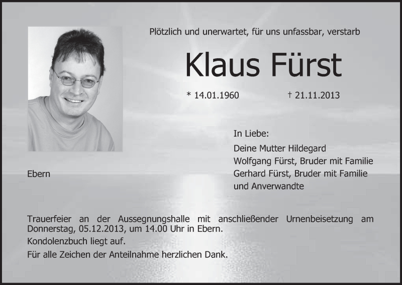  Traueranzeige für Klaus Fürst vom 02.12.2013 aus MGO