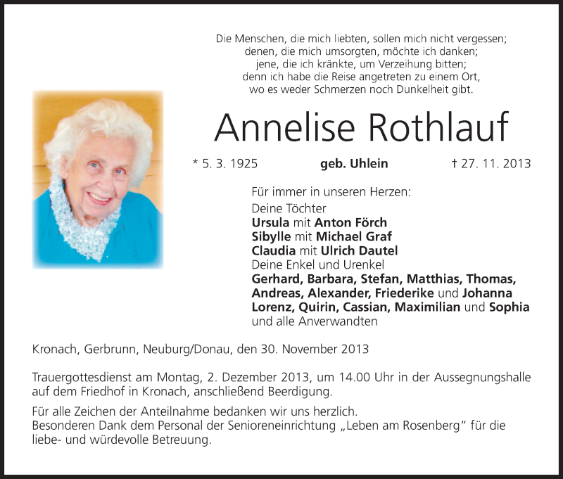  Traueranzeige für Anneliese Rothlauf vom 30.11.2013 aus MGO