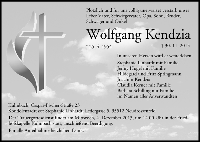  Traueranzeige für Wolfgang Kendzia vom 02.12.2013 aus MGO