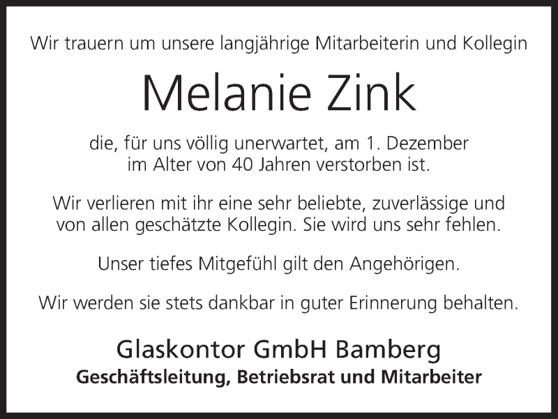 Traueranzeige für Melanie Zink vom 03.12.2013 aus MGO