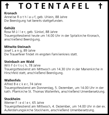 Anzeige von Totentafel vom 03.12.2013 von MGO