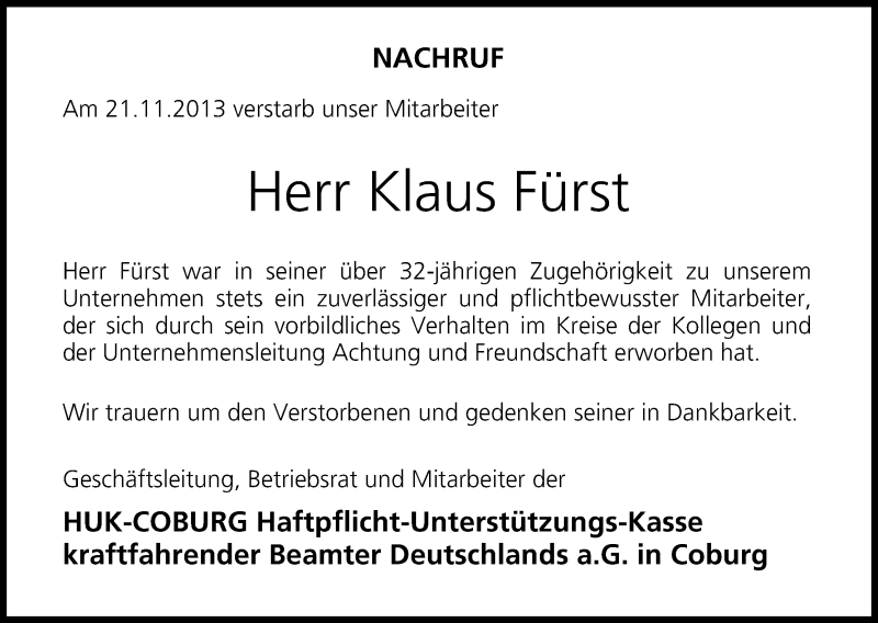  Traueranzeige für Klaus Fürst vom 03.12.2013 aus MGO