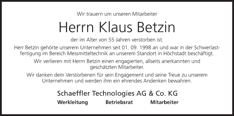  Traueranzeige für Klaus Betzin vom 03.12.2013 aus MGO