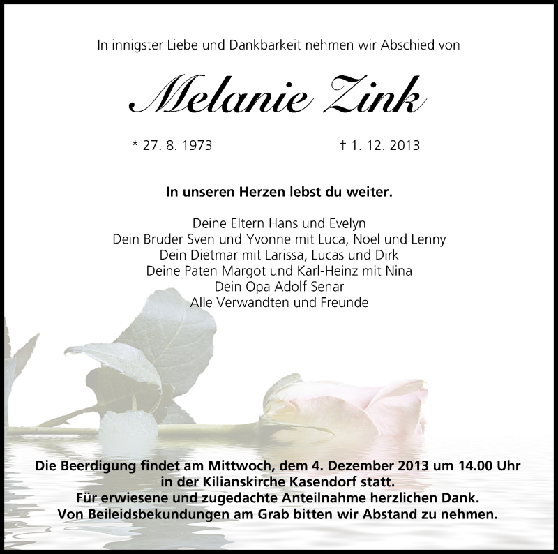  Traueranzeige für Melanie Zink vom 03.12.2013 aus MGO