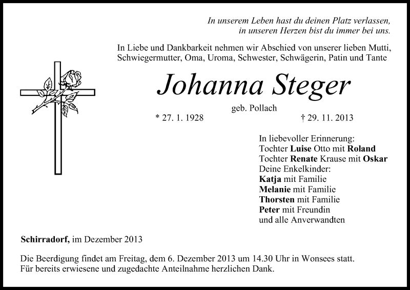  Traueranzeige für Johanna Steger vom 03.12.2013 aus MGO
