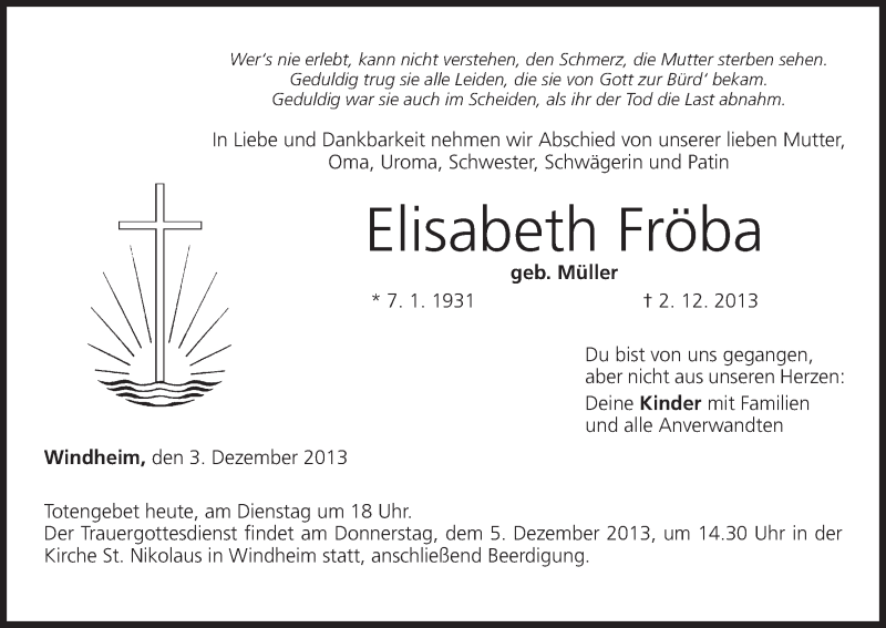  Traueranzeige für Elisabeth Fröba vom 03.12.2013 aus MGO