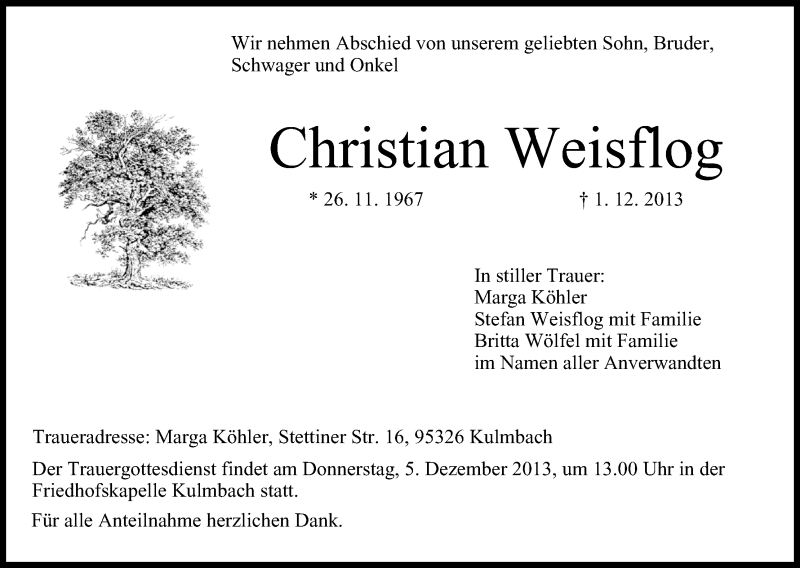  Traueranzeige für Christian Weisflog vom 03.12.2013 aus MGO