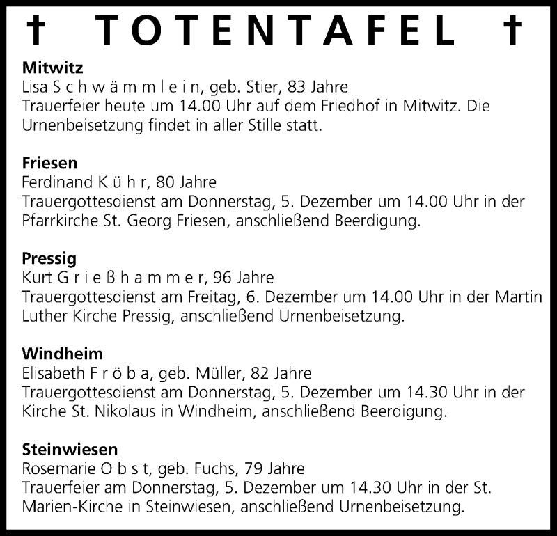  Traueranzeige für Totentafel vom 04.12.2013 vom 04.12.2013 aus MGO