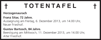 Anzeige von Totentafel vom 05.12.2013 von MGO