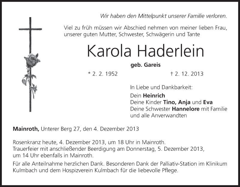  Traueranzeige für Karola Haderlein vom 04.12.2013 aus MGO