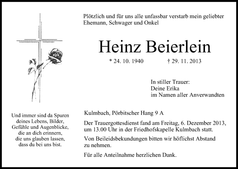  Traueranzeige für Heinz Beierlein vom 07.12.2013 aus MGO