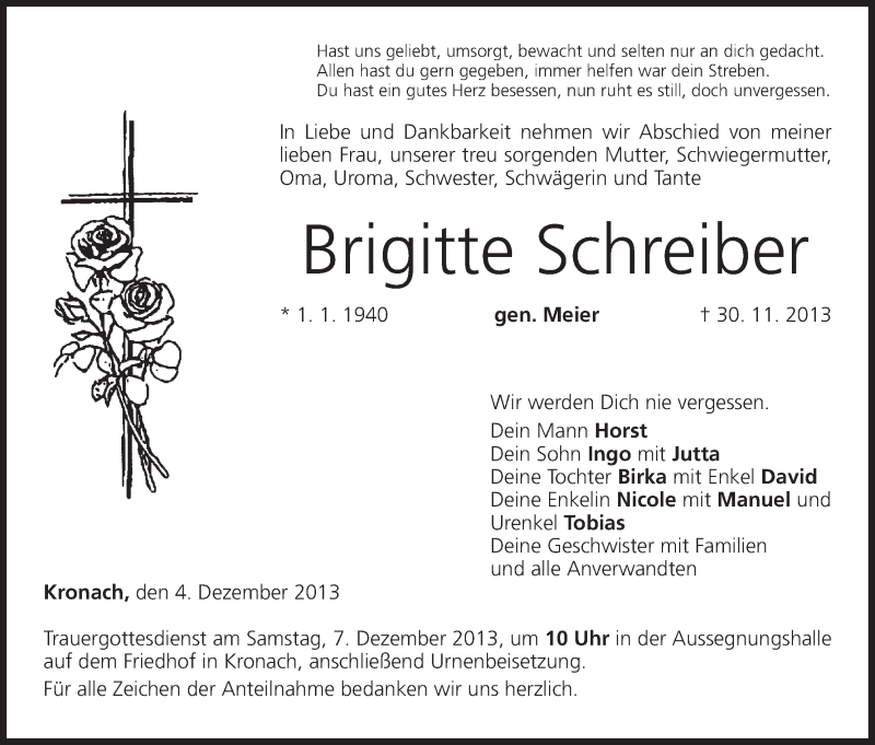  Traueranzeige für Brigitte Schreiber vom 04.12.2013 aus MGO