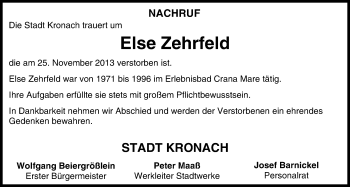 Anzeige von Else Zehrfeld von MGO