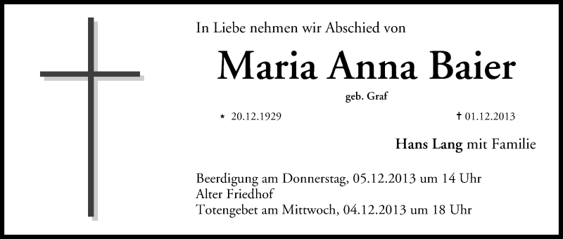  Traueranzeige für Maria Anna Baier vom 04.12.2013 aus MGO
