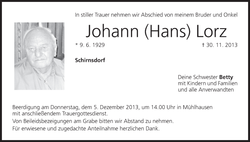  Traueranzeige für Johann Lorz vom 04.12.2013 aus MGO