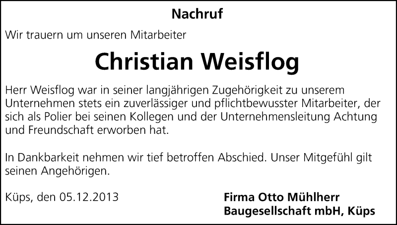  Traueranzeige für Christian Weisflog vom 05.12.2013 aus MGO