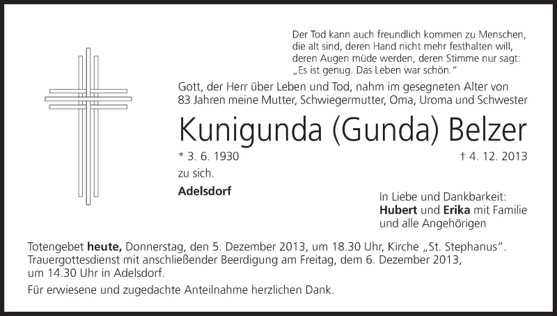  Traueranzeige für Kunigunda Belzer vom 05.12.2013 aus MGO