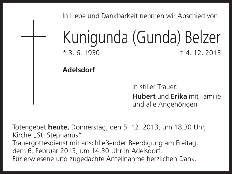  Traueranzeige für Kunigunda Belzer vom 05.12.2013 aus MGO
