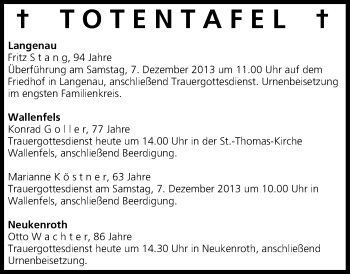 Anzeige von Totentafel vom 06.12.2013 von MGO