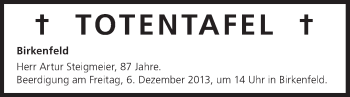 Anzeige von Totentafel vom 06.12.2013 von MGO
