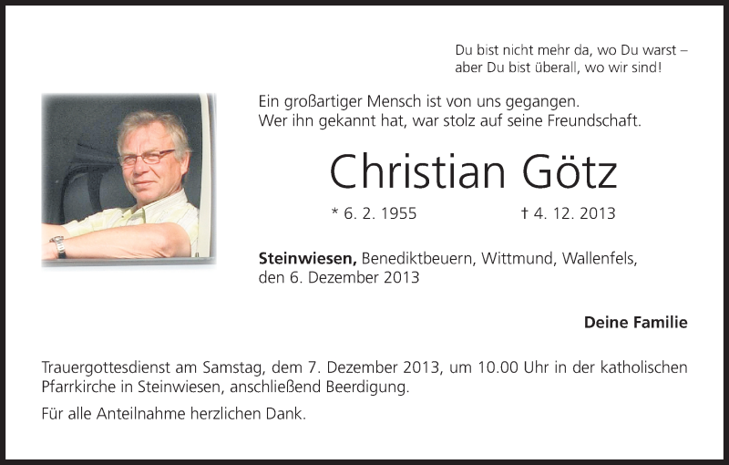  Traueranzeige für Christian Götz vom 06.12.2013 aus MGO