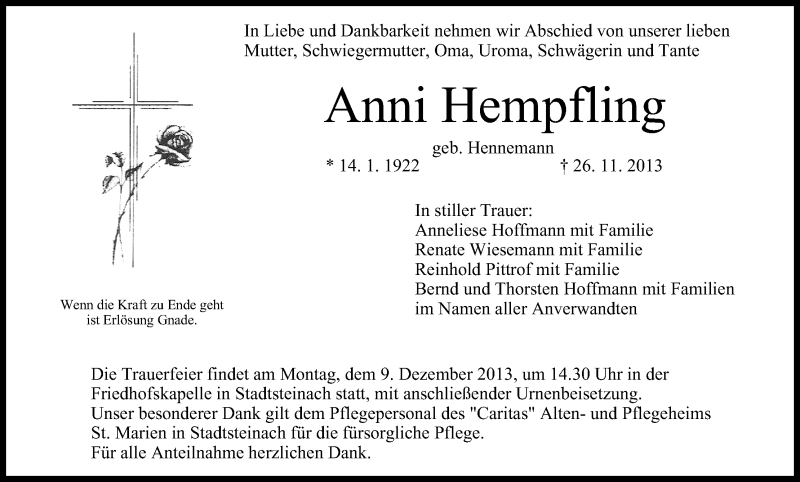  Traueranzeige für Anni Hempfling vom 06.12.2013 aus MGO