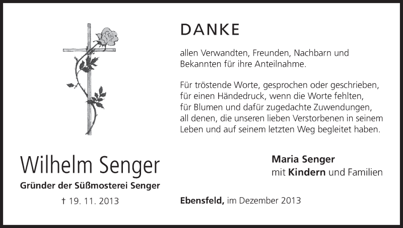  Traueranzeige für Wilhelm Senger vom 07.12.2013 aus MGO