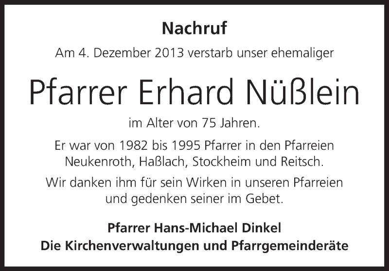  Traueranzeige für Erhard Nüßlein vom 06.12.2013 aus MGO