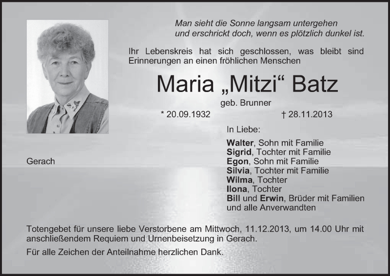  Traueranzeige für Maria Batz vom 07.12.2013 aus MGO