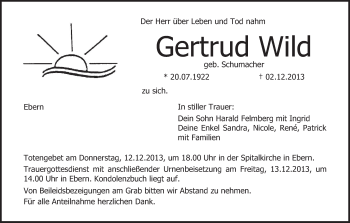 Anzeige von Gertrud Wild von MGO