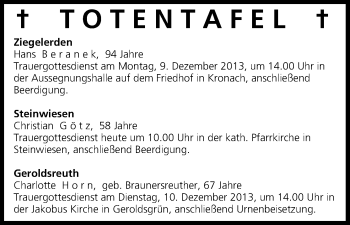 Anzeige von Totentafel vom 07.12.2013 von MGO