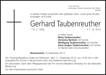 Anzeige von Gerhard Taubenreuther von MGO