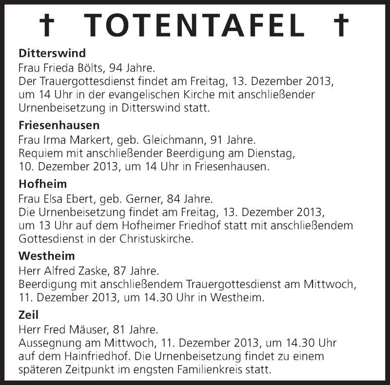  Traueranzeige für Totentafel vom 10.12.2013 vom 10.12.2013 aus MGO
