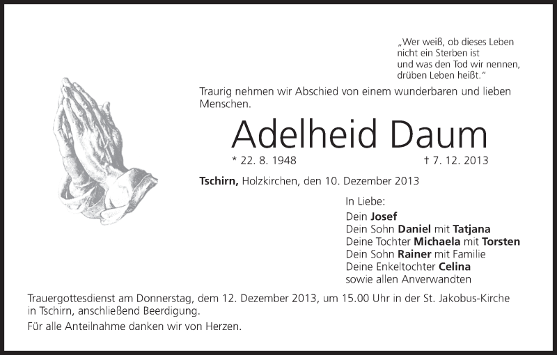  Traueranzeige für Adelheid Daum vom 10.12.2013 aus MGO