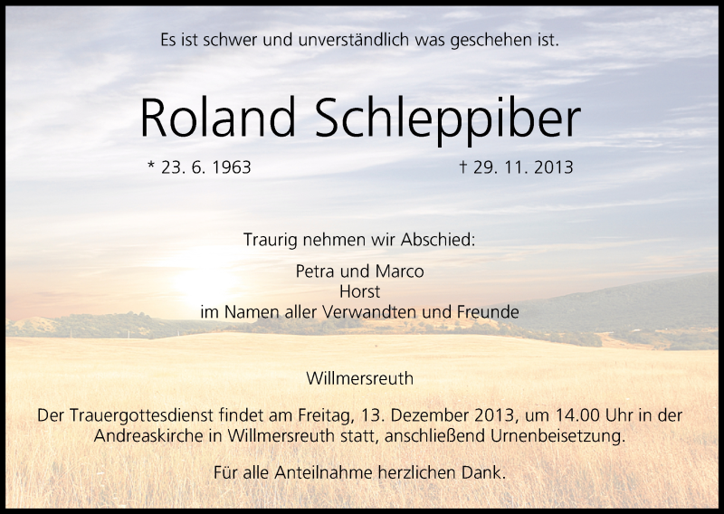  Traueranzeige für Roland Schleppiber vom 11.12.2013 aus MGO